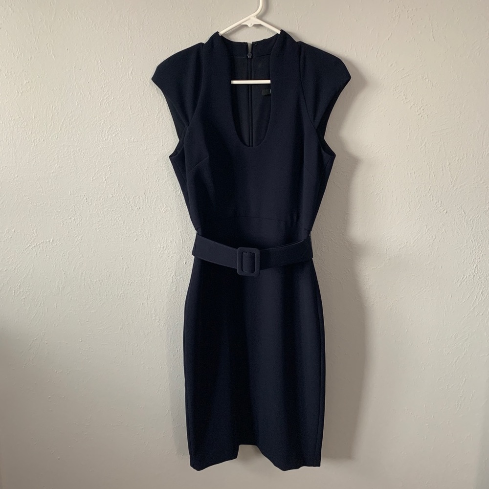 Navy Blue Badgley Mischka Belted Dress